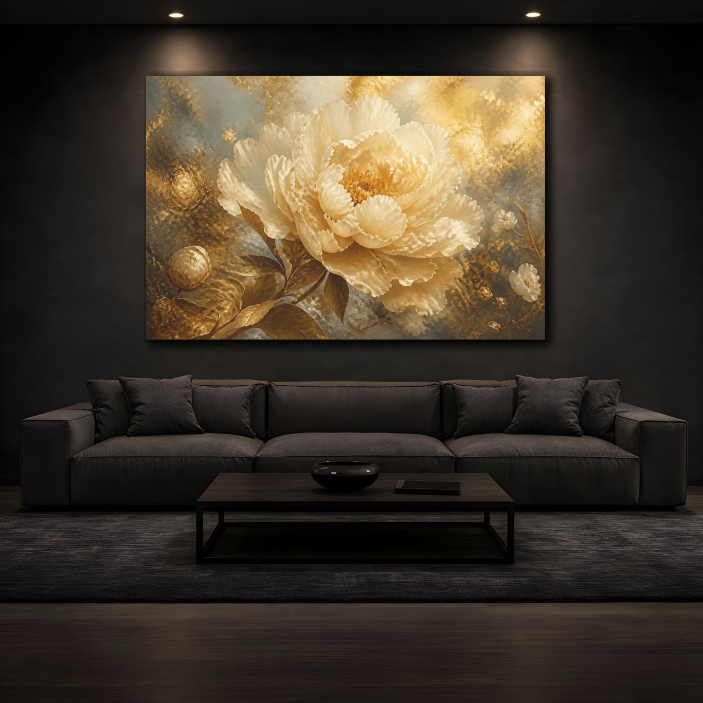 Mockup 3. Gilded Cream Peony shown as canvas print