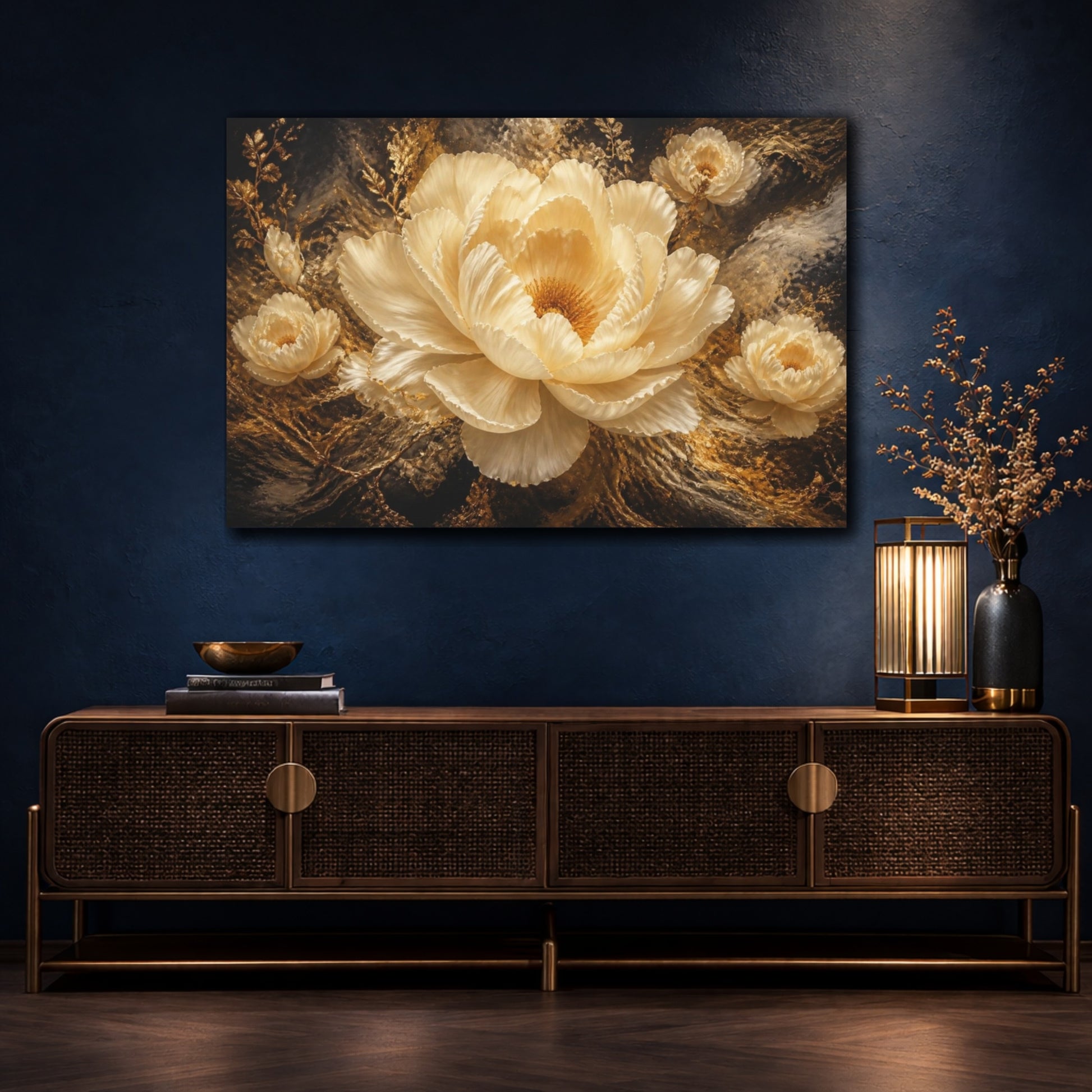 Mockup 4. Gilded Cream Peony shown as canvas print
