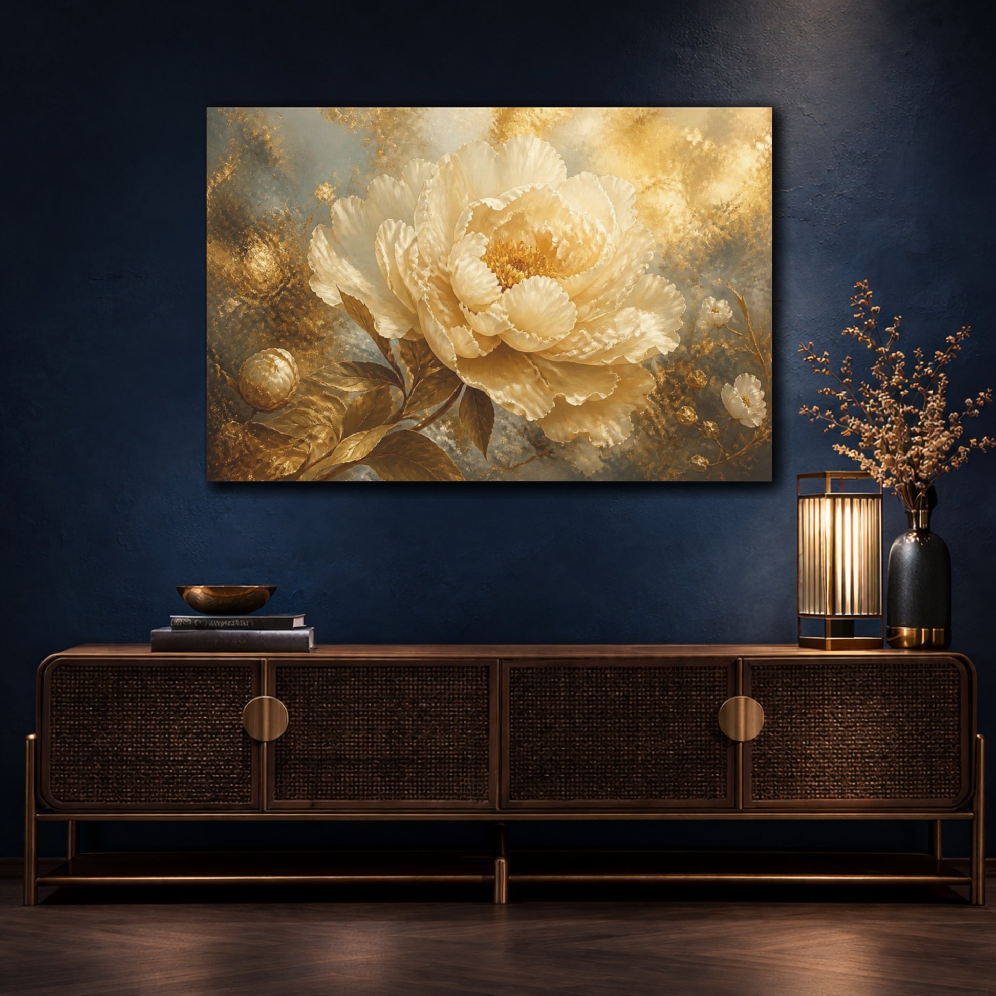 Mockup 4. Gilded Cream Peony shown as canvas print
