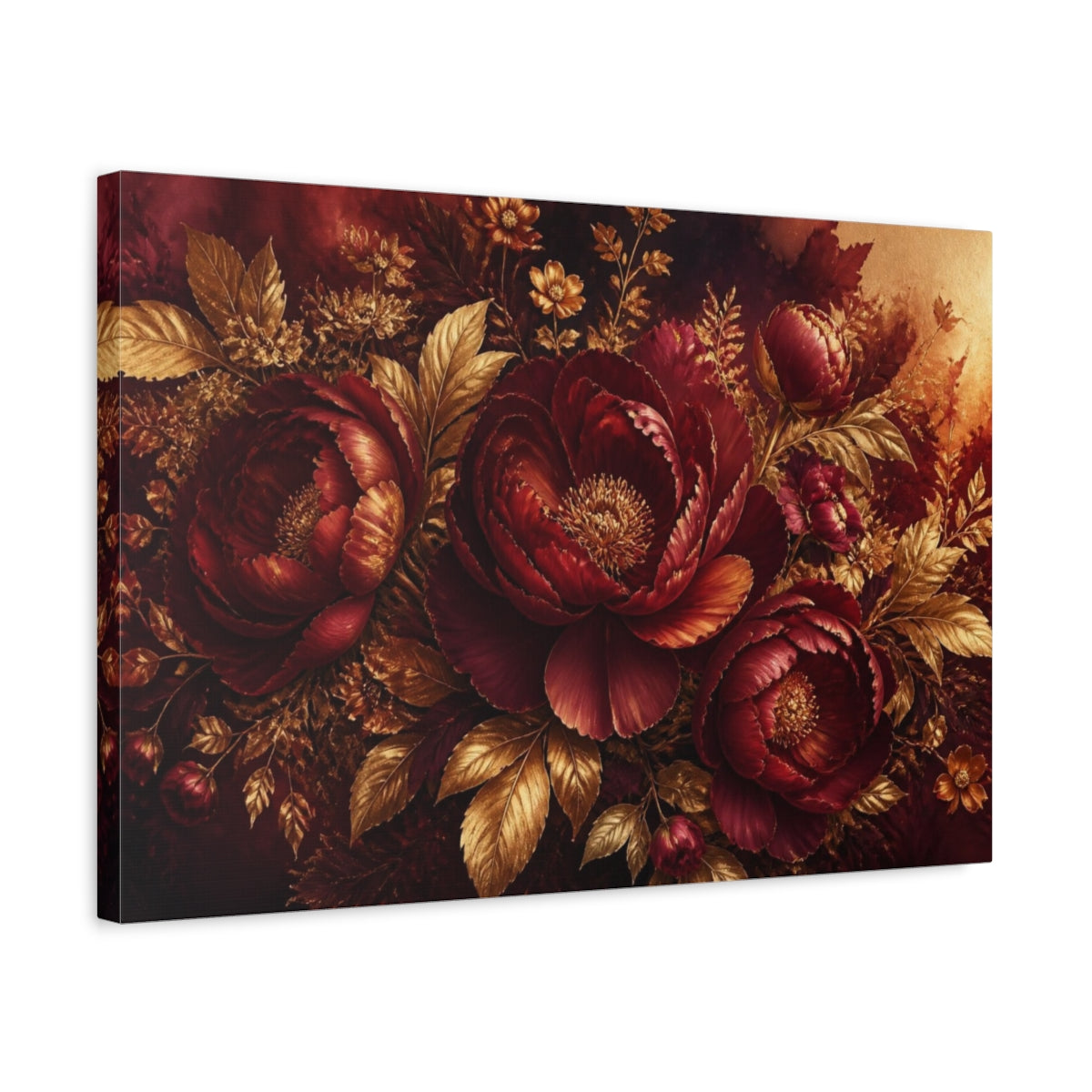 Side Mockup 3. Gilded Floral Peony shown as canvas print