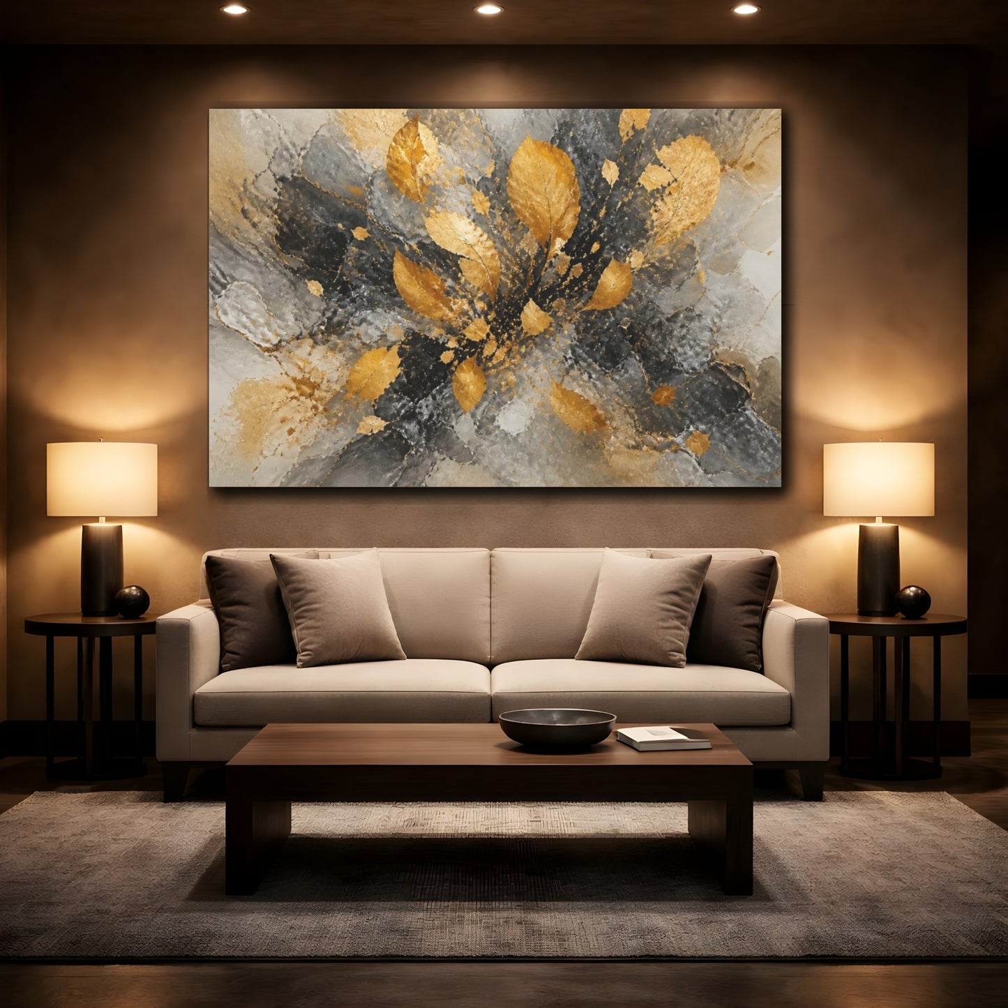 Mockup 2. Gilded Leaf Burst shown as canvas print