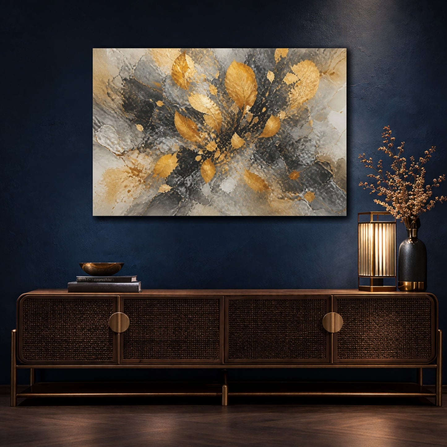 Mockup 4. Gilded Leaf Burst shown as canvas print