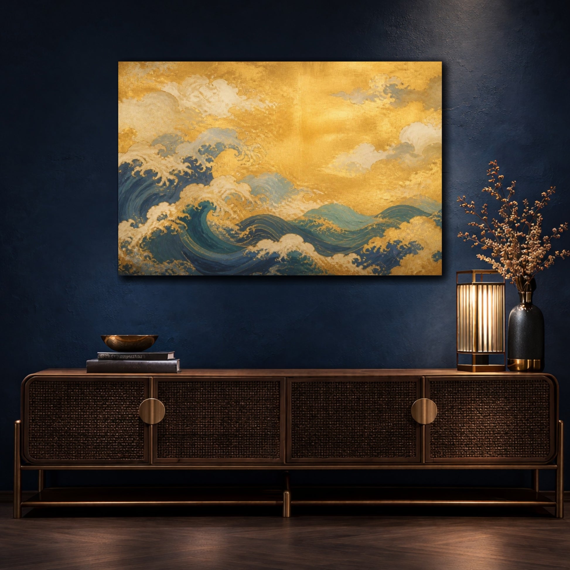 Mockup 4. Gilded Ocean Waves shown as canvas print