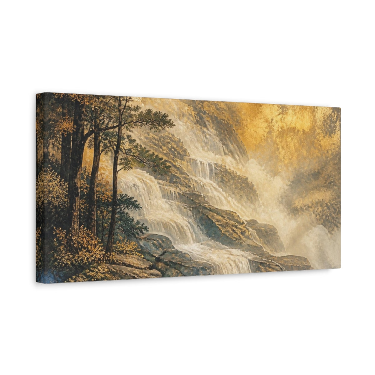 Side Mockup 3. Gilded Terrace Waterfall shown as canvas print