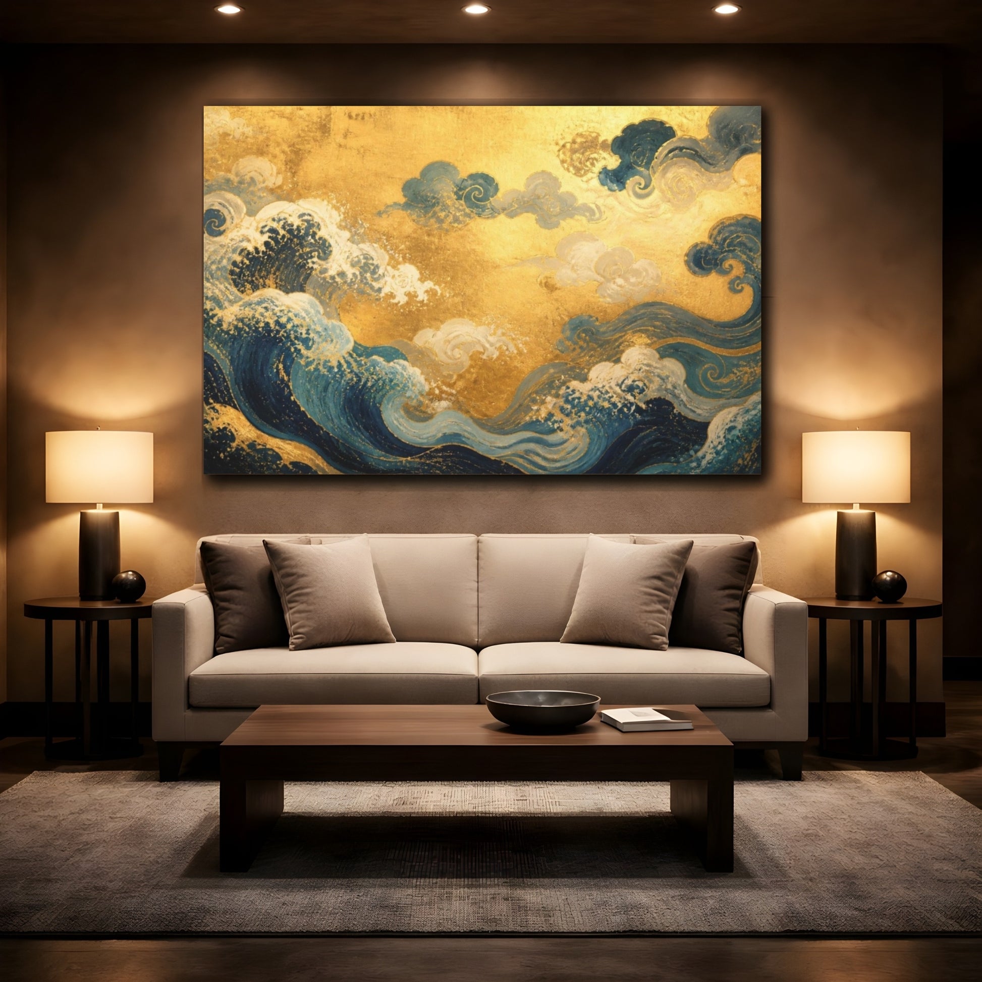 Mockup 2. Gilded Waves And Clouds shown as canvas print