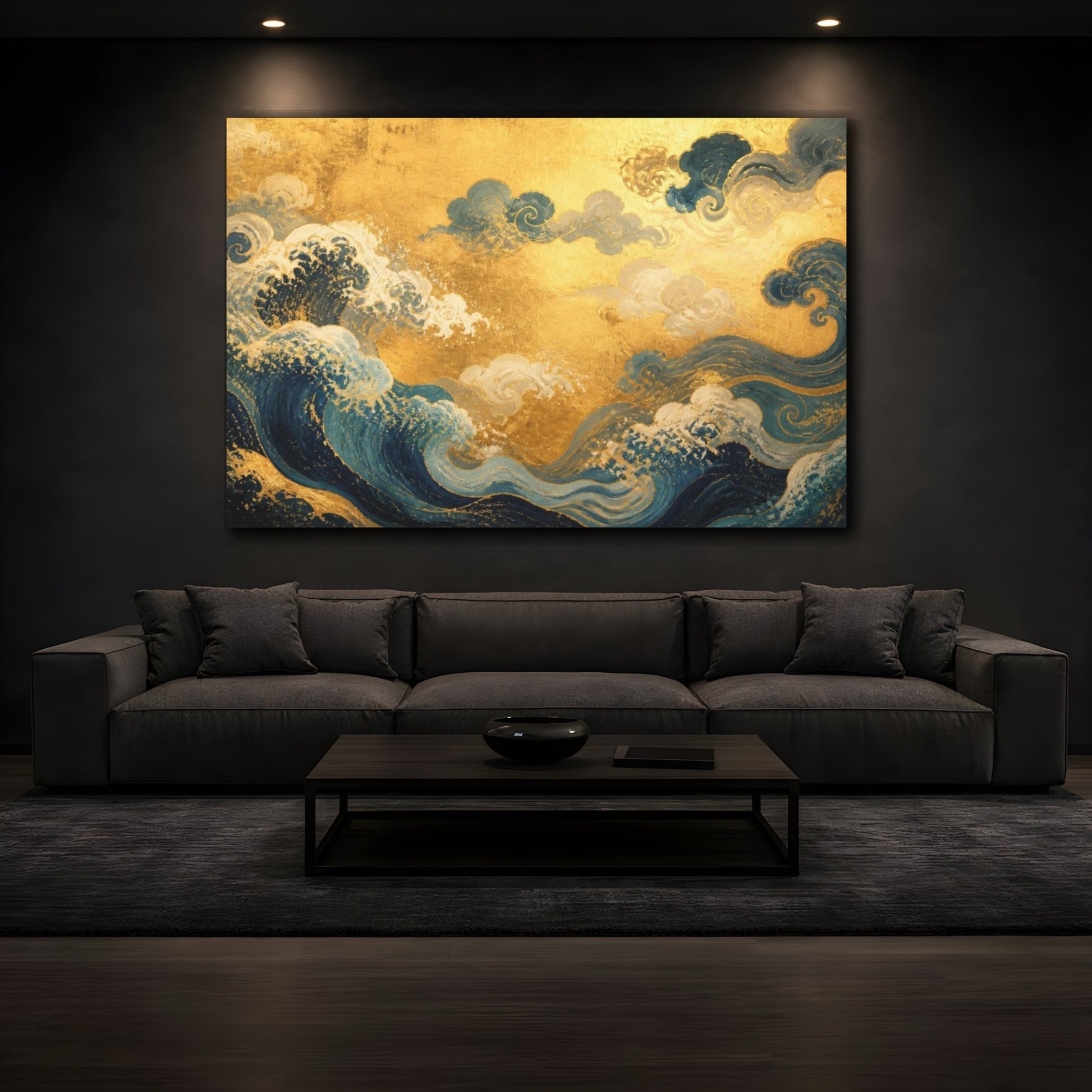 Mockup 3. Gilded Waves And Clouds shown as canvas print