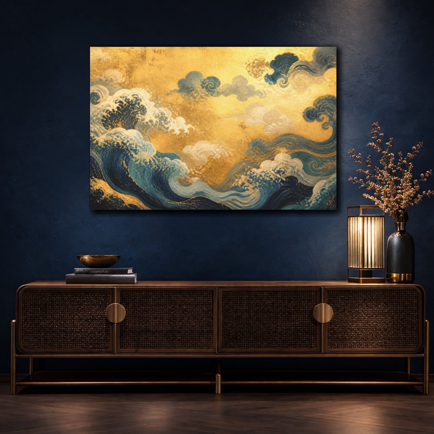 Mockup 4. Gilded Waves And Clouds shown as canvas print