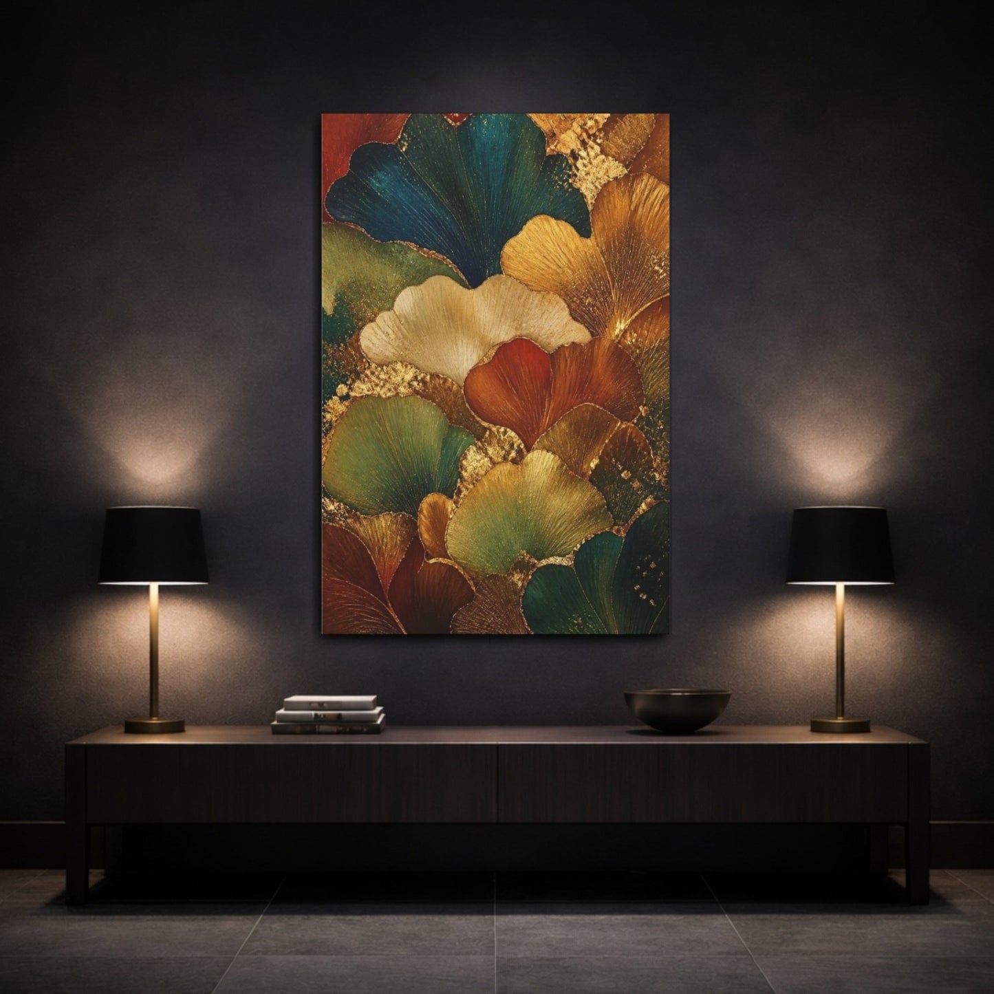 Ginkgo Leaf Abstract Gold Canvas Print – Living Room, Above Console Table - YesArtYes