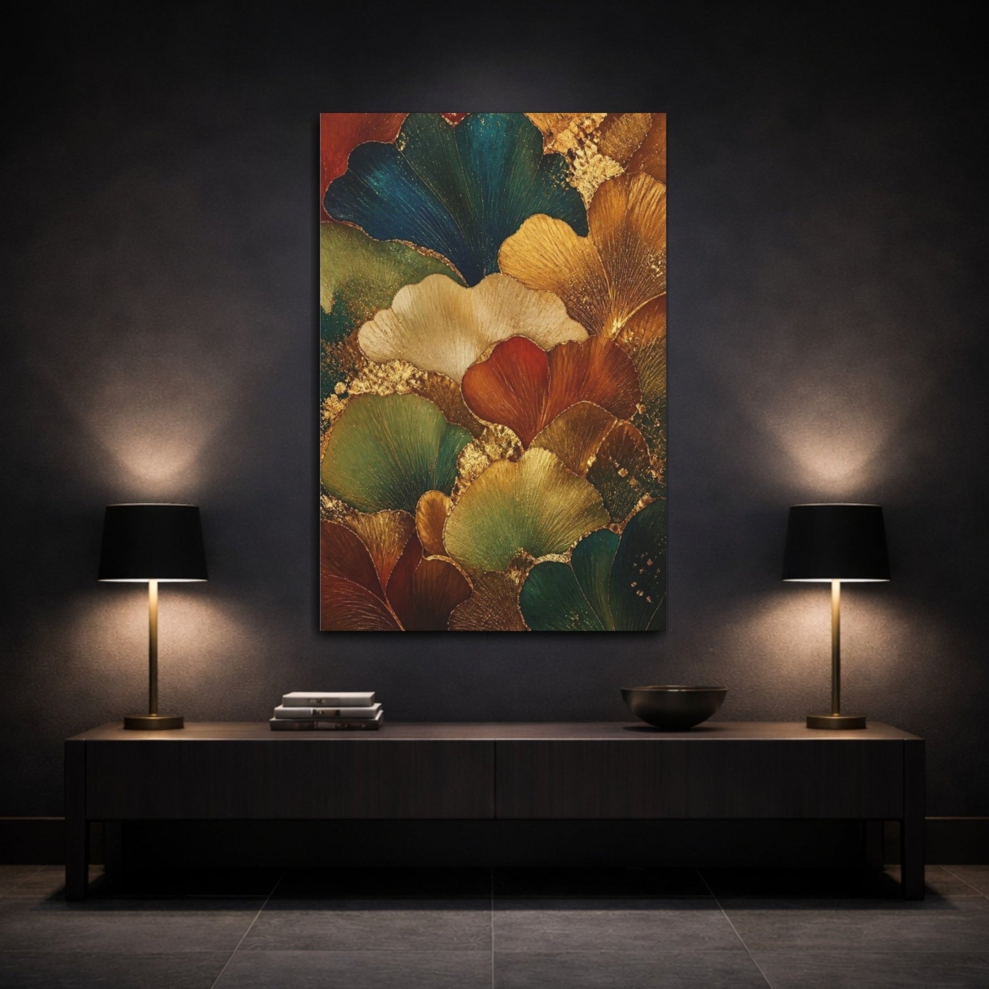 Ginkgo Leaf Abstract Gold Canvas Print – Living Room, Above Console Table - YesArtYes