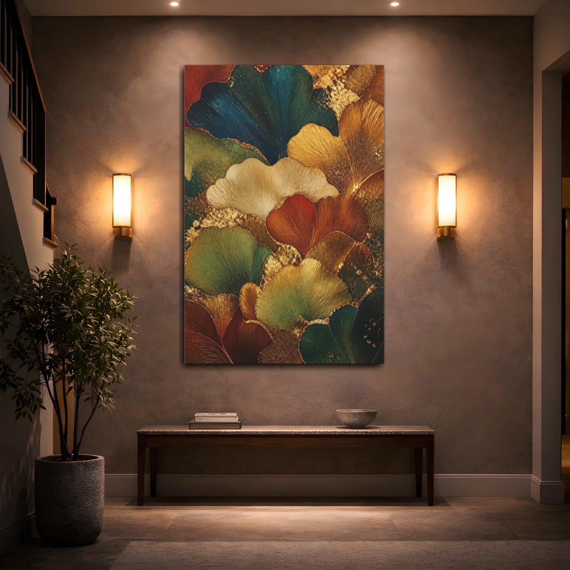 Ginkgo Leaf Abstract Gold Canvas Print – Living Room, Above Console Table - YesArtYes