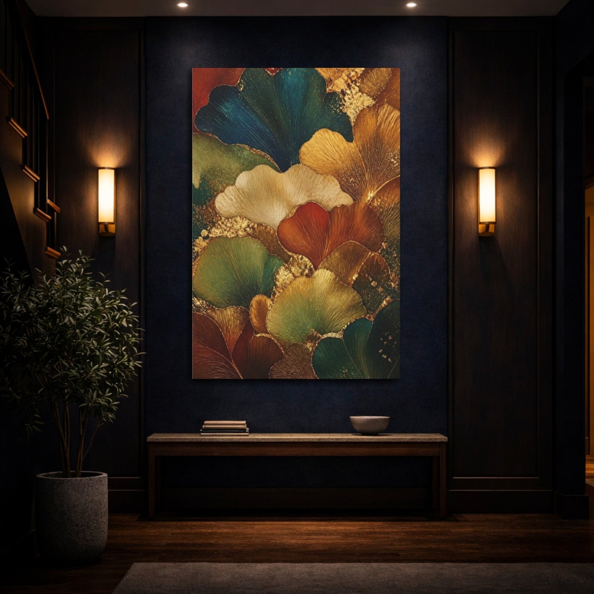 Ginkgo Leaf Abstract Gold Canvas Print – Living Room, Above Console Table - YesArtYes