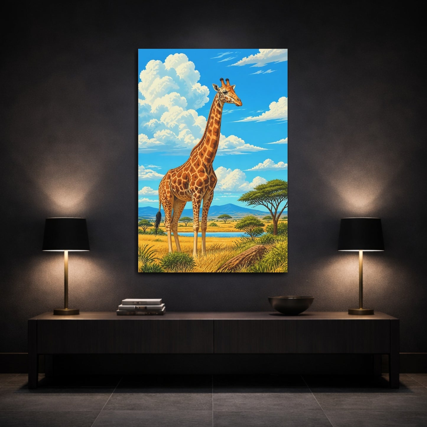 Mockup 3. Giraffe Animals Illustration shown as canvas print