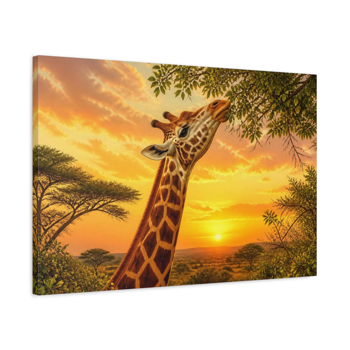 Side Mockup 2. Giraffe At Golden Sunset shown as canvas print
