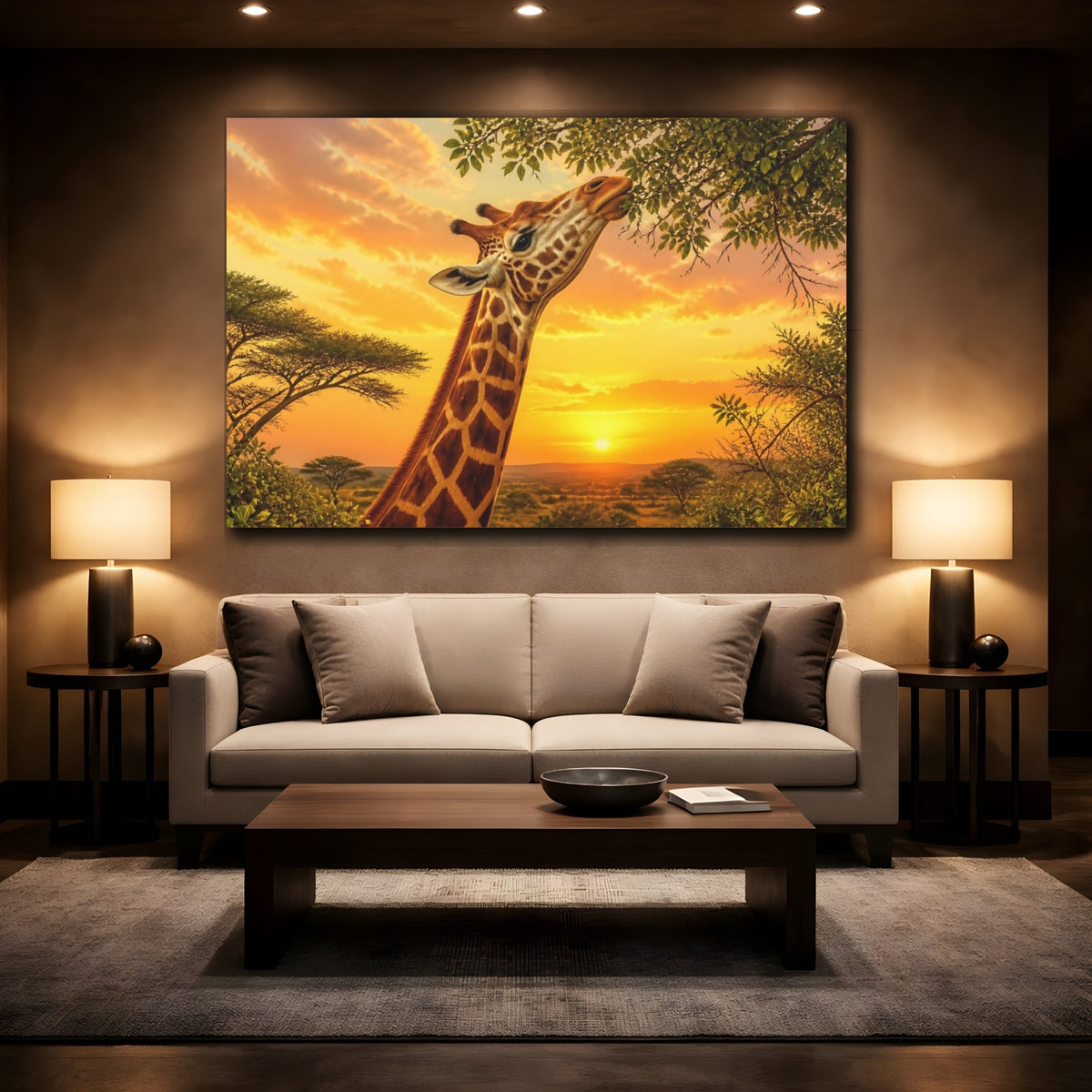 Mockup 2. Giraffe At Golden Sunset shown as canvas print