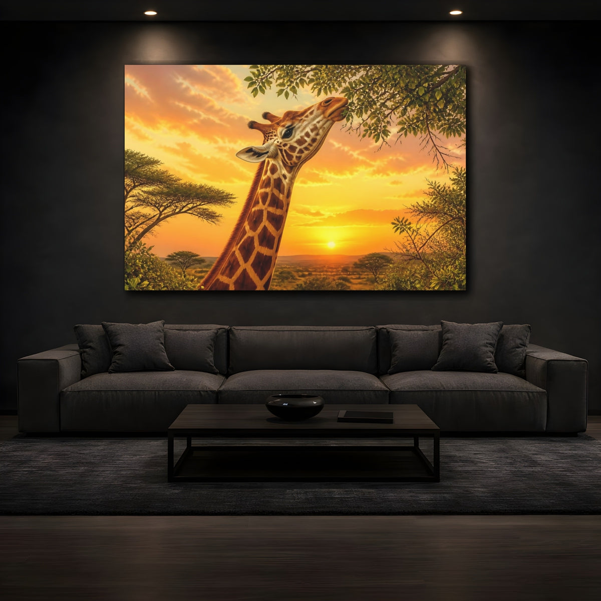 Mockup 3. Giraffe At Golden Sunset shown as canvas print
