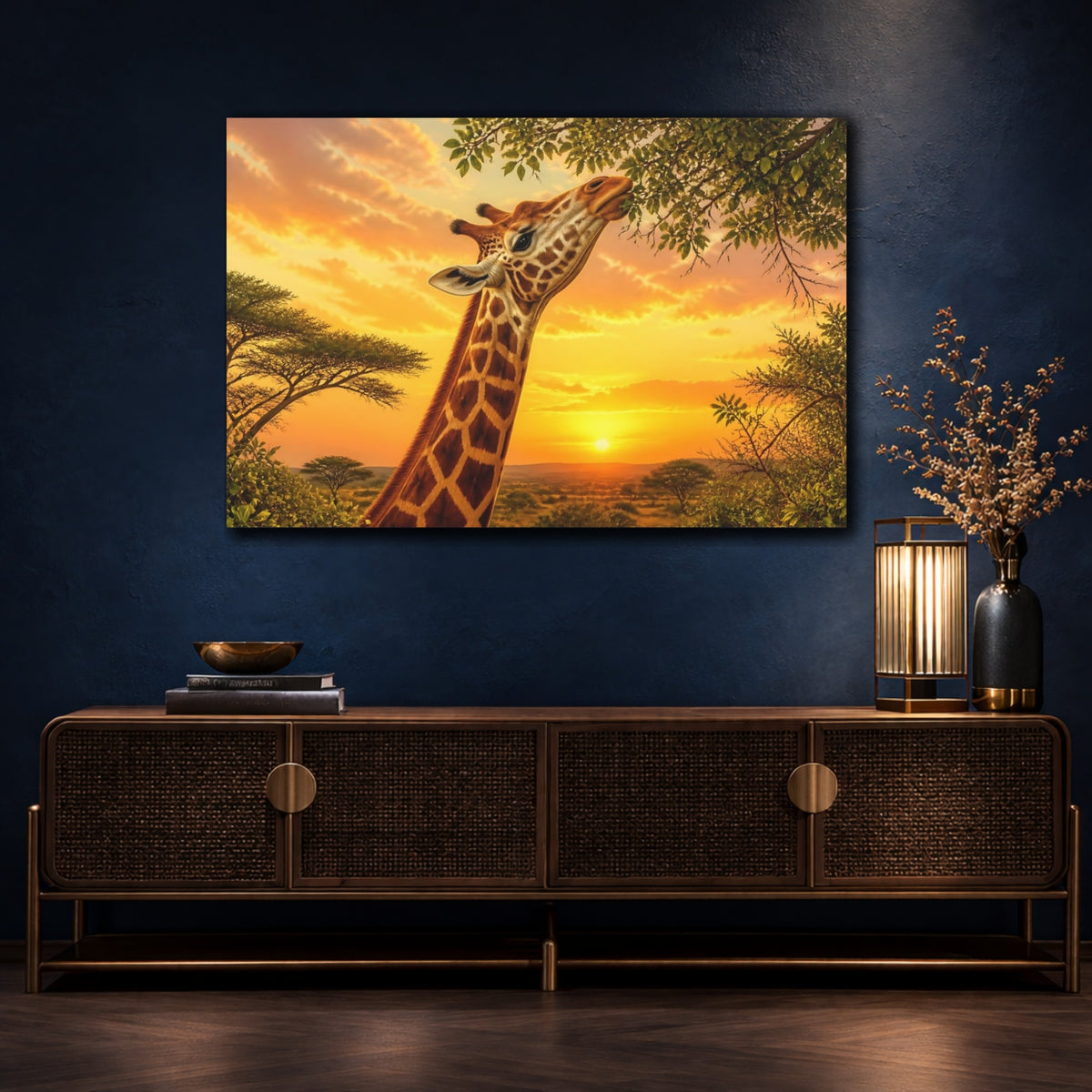 Mockup 4. Giraffe At Golden Sunset shown as canvas print