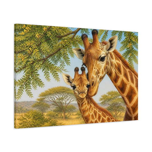 Main Mockup. Giraffe Mother And Calf Embrace shown as canvas print