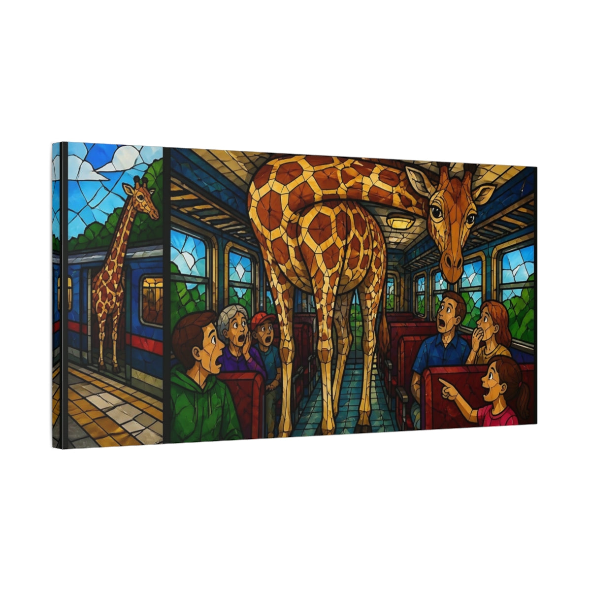 Side Mockup 1. Giraffe On A Train shown as canvas print
