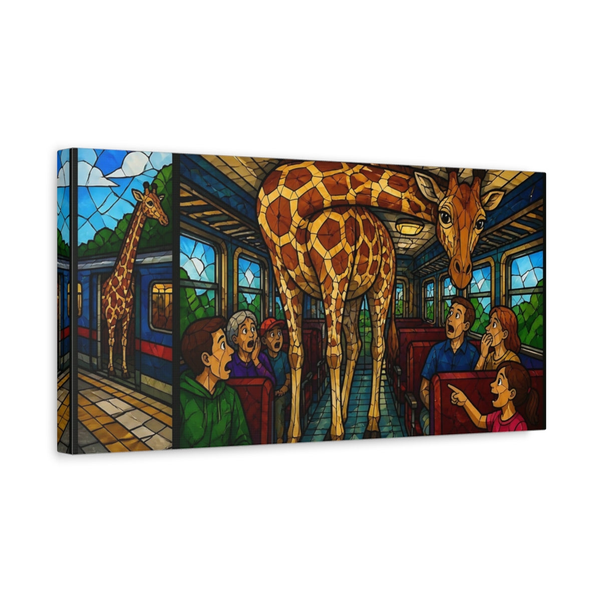 Side Mockup 3. Giraffe On A Train shown as canvas print