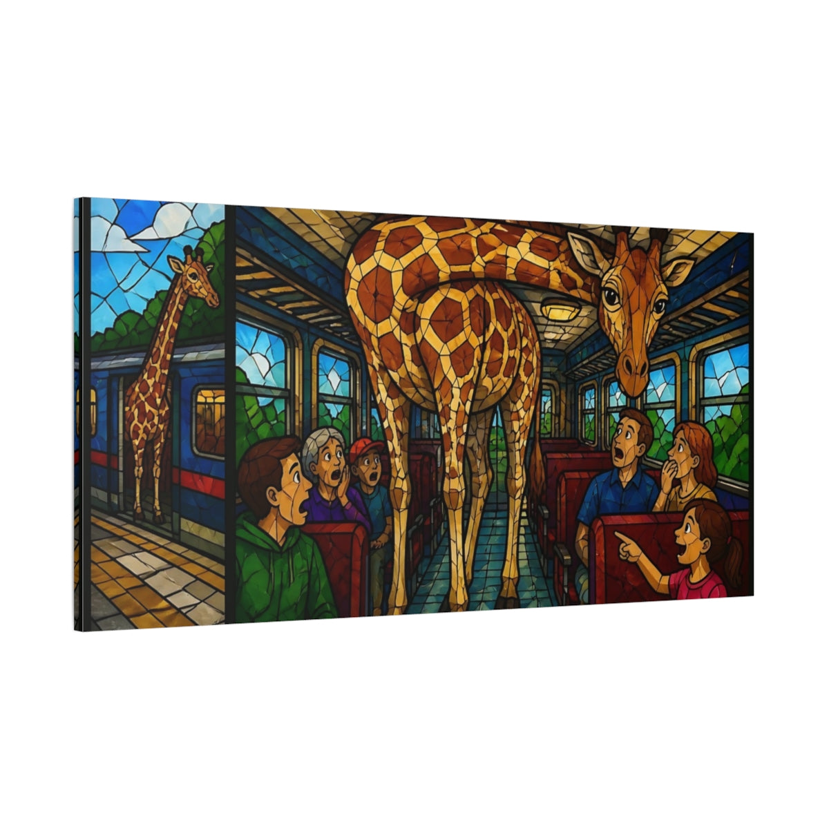 Side Mockup 2. Giraffe On A Train shown as canvas print
