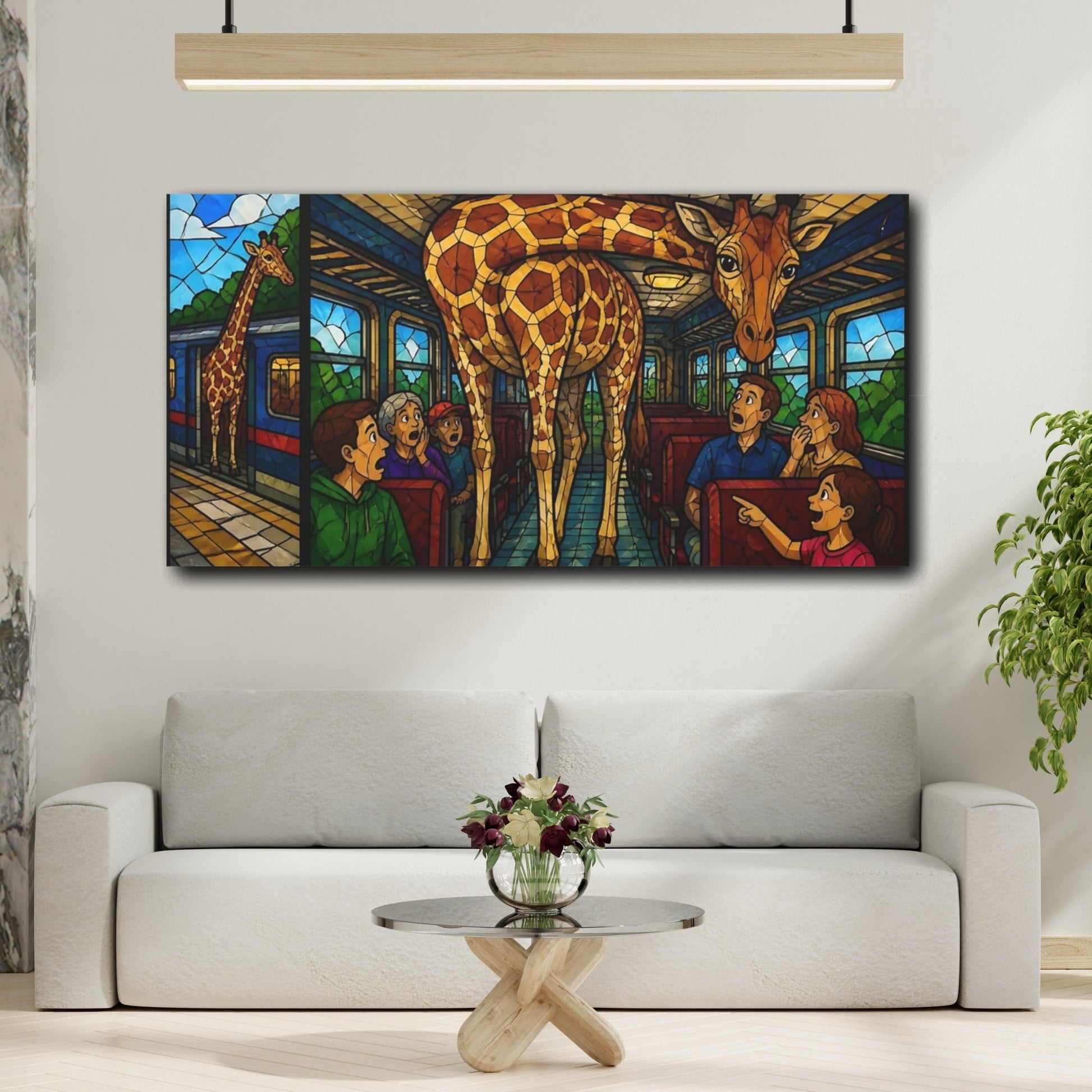 Mockup 2. Giraffe On A Train shown as canvas print