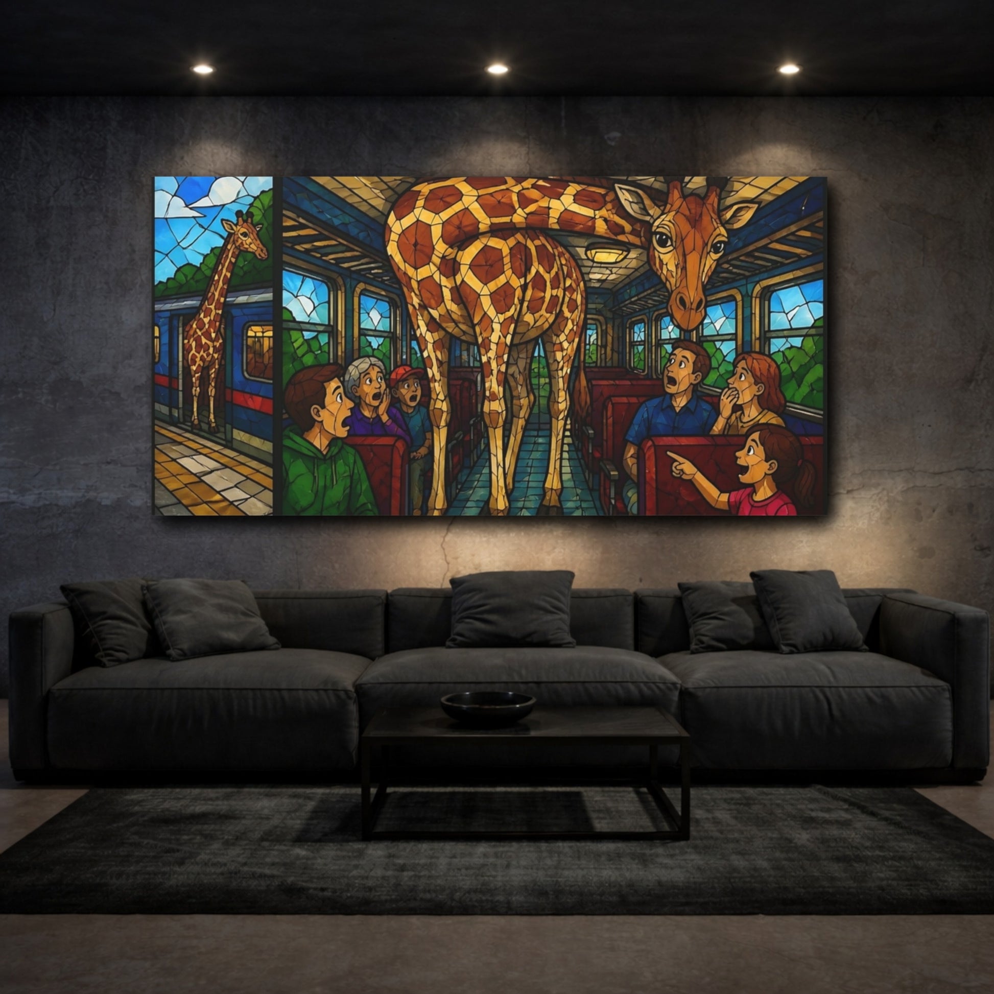 Mockup 3. Giraffe On A Train shown as canvas print