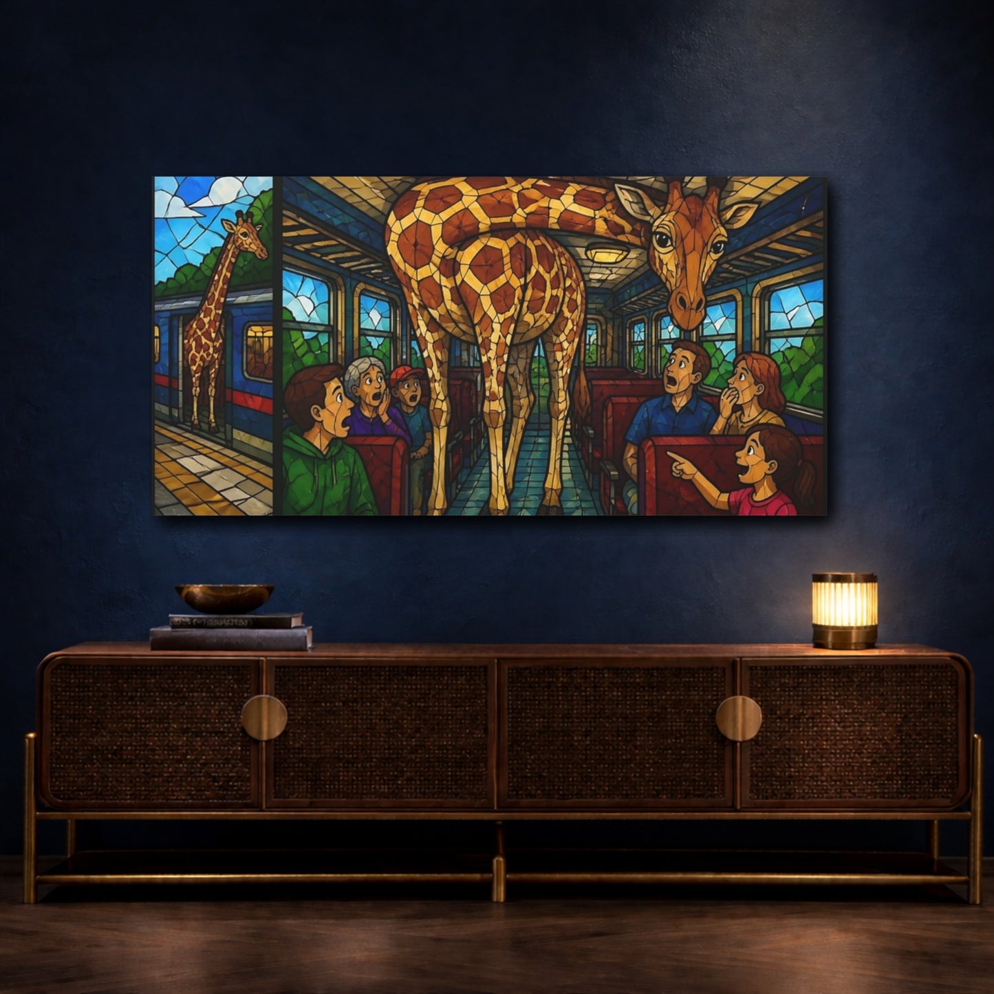 Mockup 4. Giraffe On A Train shown as canvas print