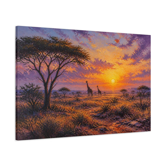 Main Mockup. Giraffes At Golden Dawn shown as canvas print