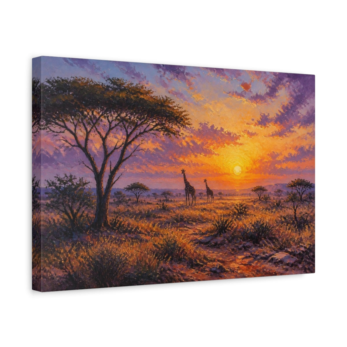 Side Mockup 4. Giraffes At Golden Dawn shown as canvas print