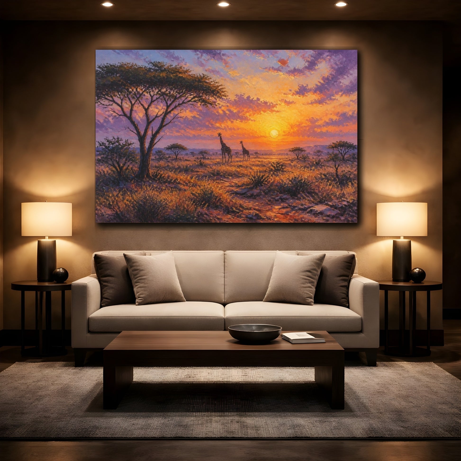 Mockup 2. Giraffes At Golden Dawn shown as canvas print
