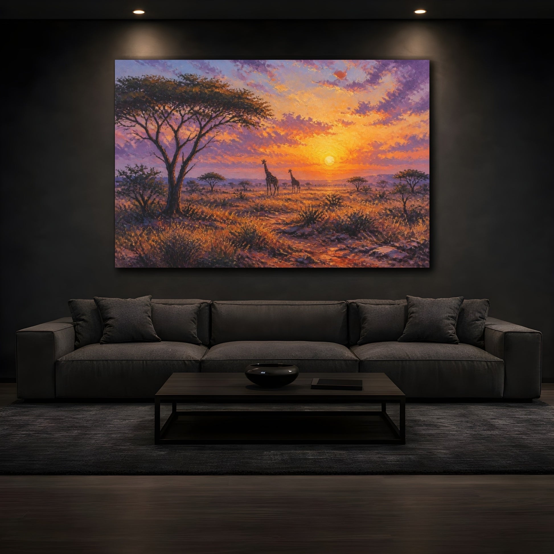 Mockup 3. Giraffes At Golden Dawn shown as canvas print