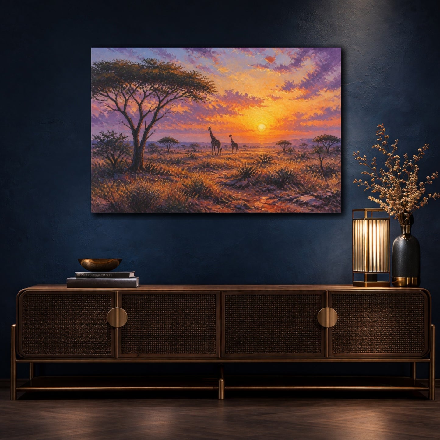 Mockup 4. Giraffes At Golden Dawn shown as canvas print