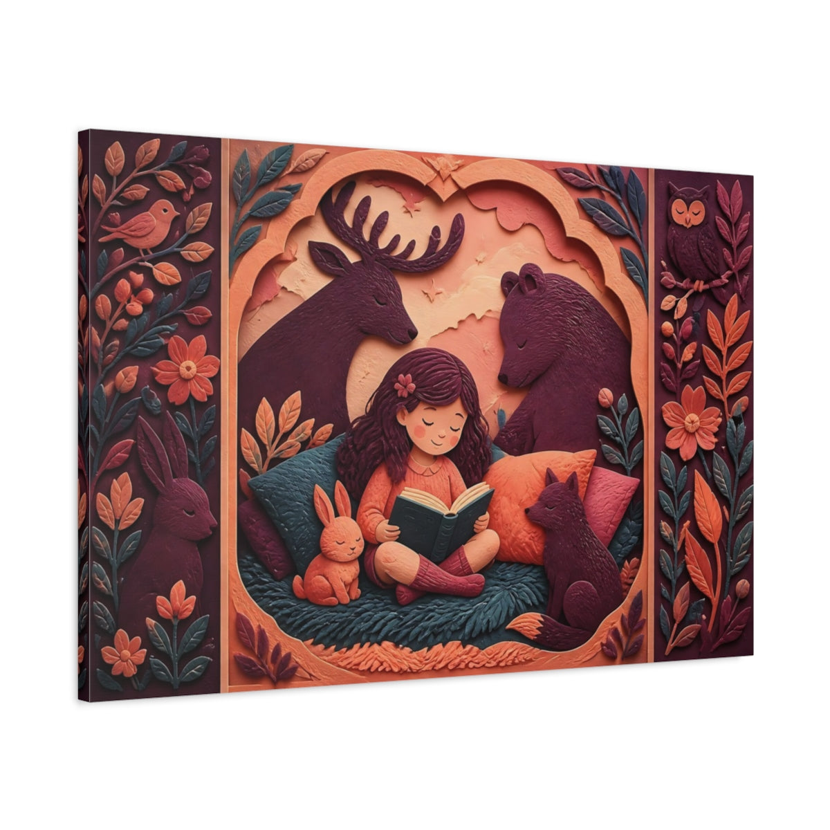 Main Mockup. Girl Reading With Forest Friends shown as canvas print