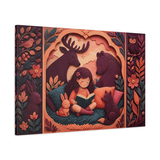 Main Mockup. Girl Reading With Forest Friends shown as canvas print