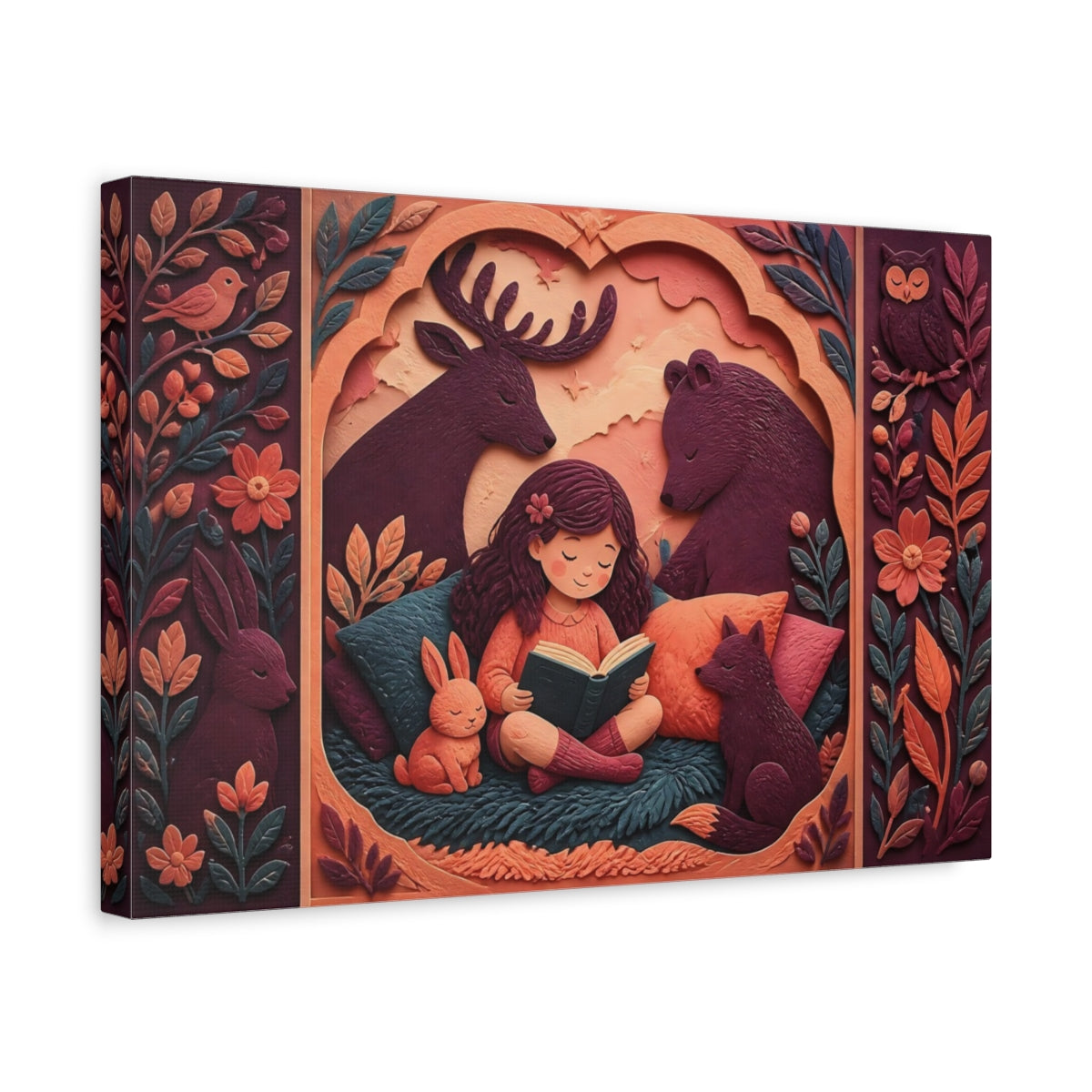 Side Mockup 4. Girl Reading With Forest Friends shown as canvas print