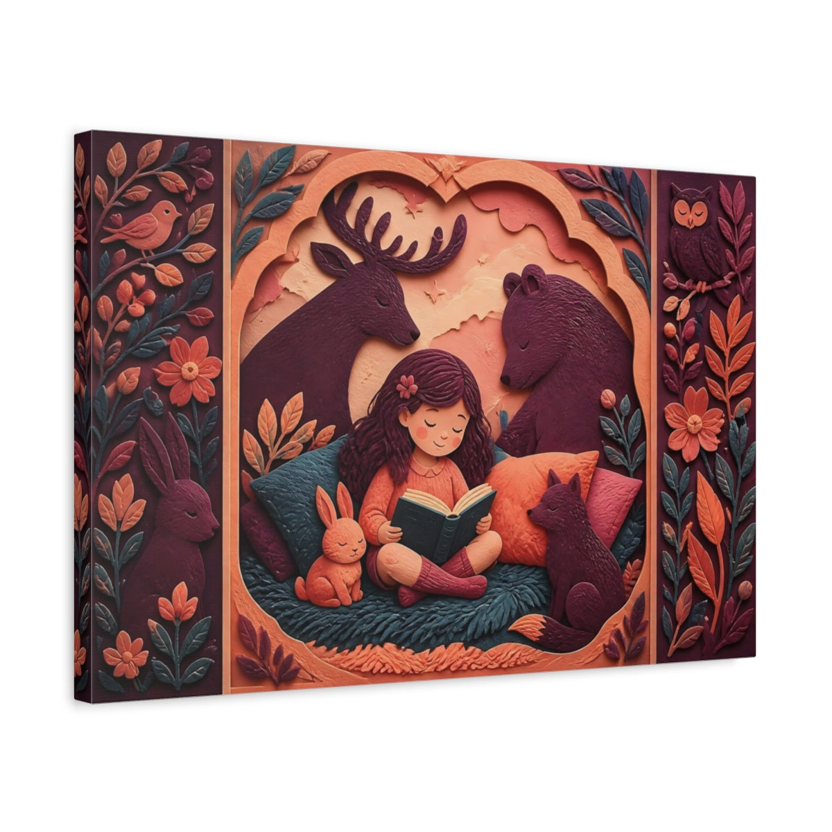 Side Mockup 3. Girl Reading With Forest Friends shown as canvas print
