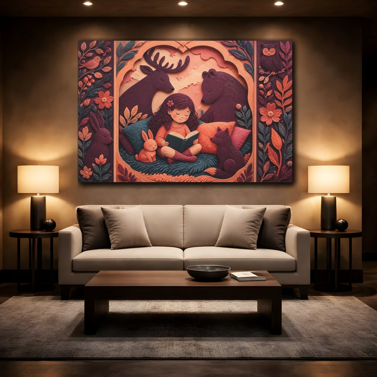 Mockup 2. Girl Reading With Forest Friends shown as canvas print