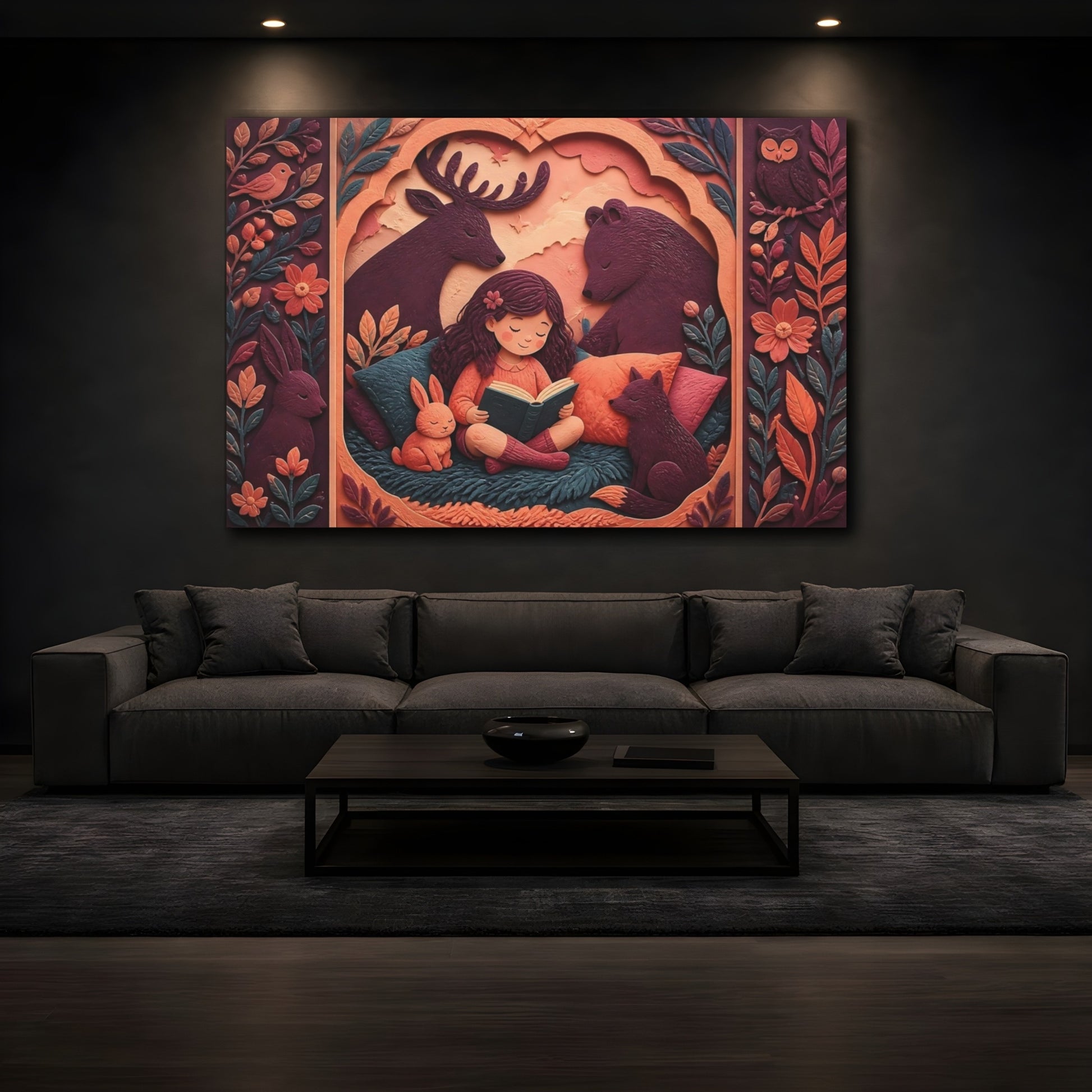 Mockup 3. Girl Reading With Forest Friends shown as canvas print