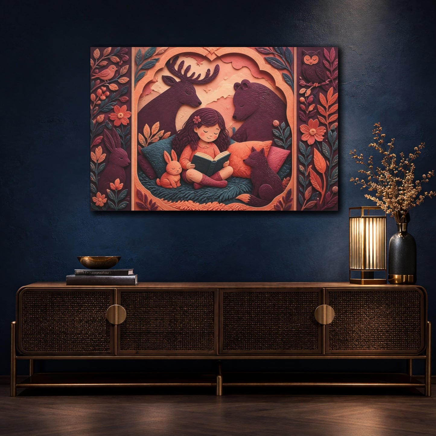 Mockup 4. Girl Reading With Forest Friends shown as canvas print