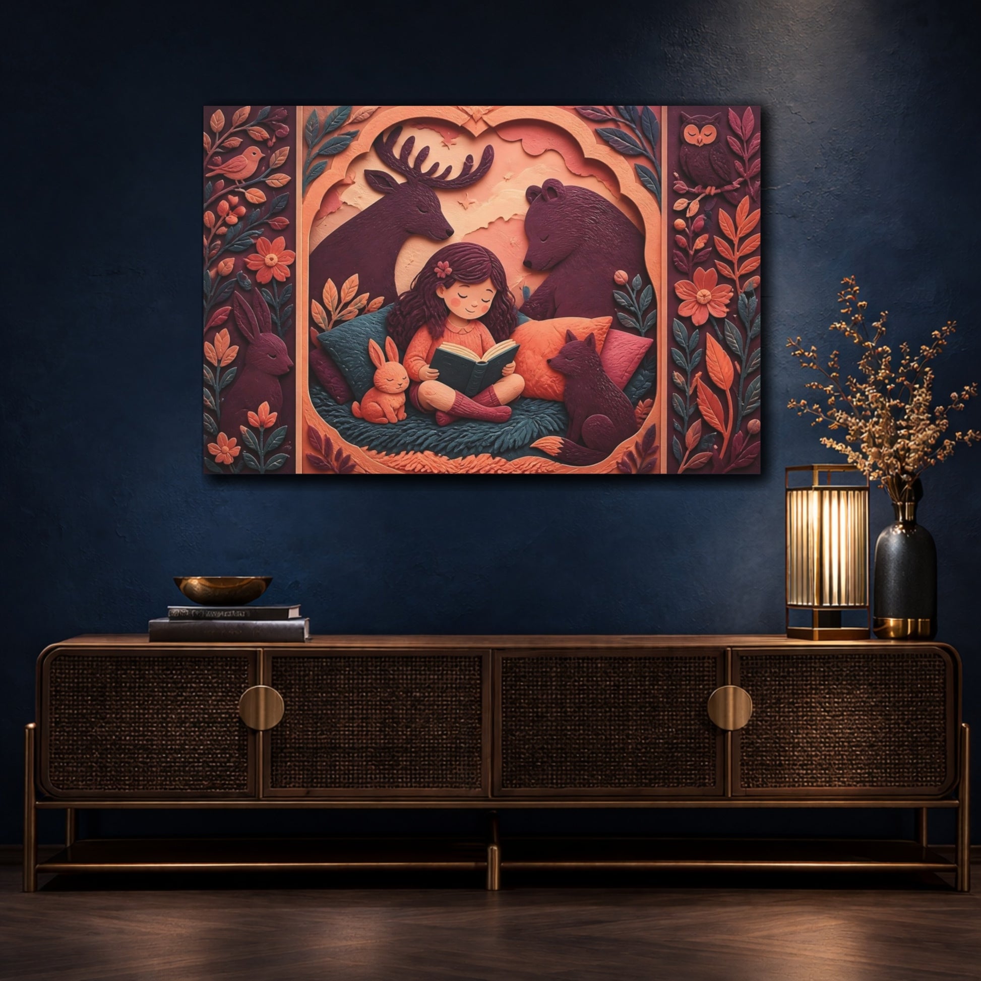 Mockup 4. Girl Reading With Forest Friends shown as canvas print