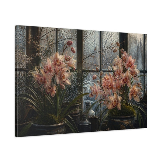 Main Mockup. Glasshouse Winter Orchids shown as canvas print