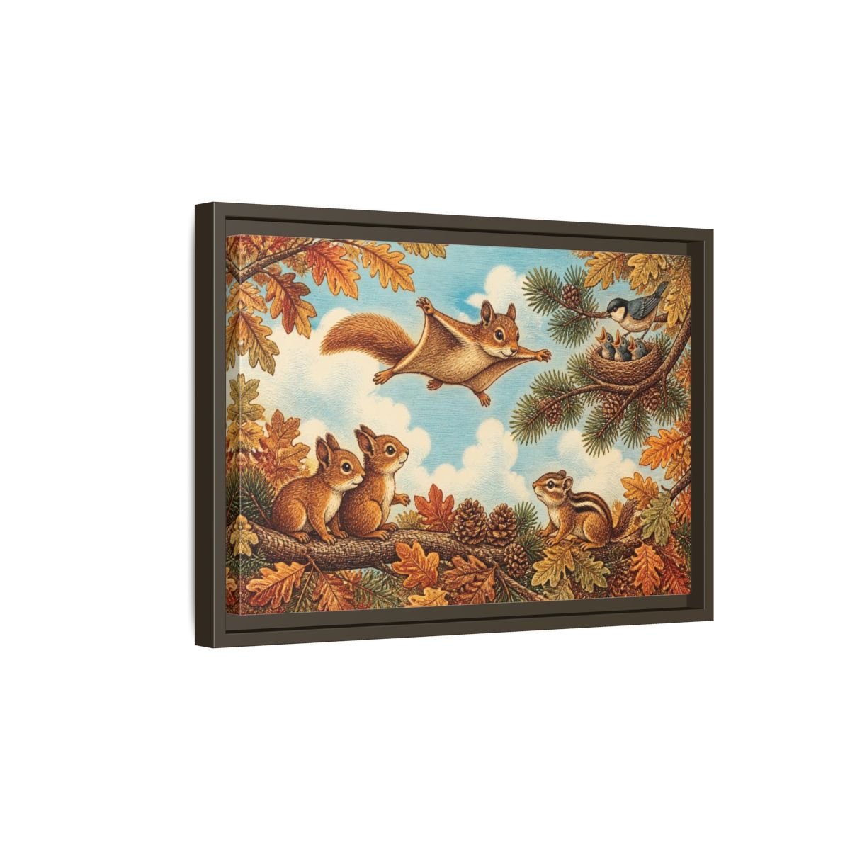 Gliding Squirrel Kids Room Framed Canvas Print – Feature Wall, Russet, Pine & Pale Blue - YesArtYes