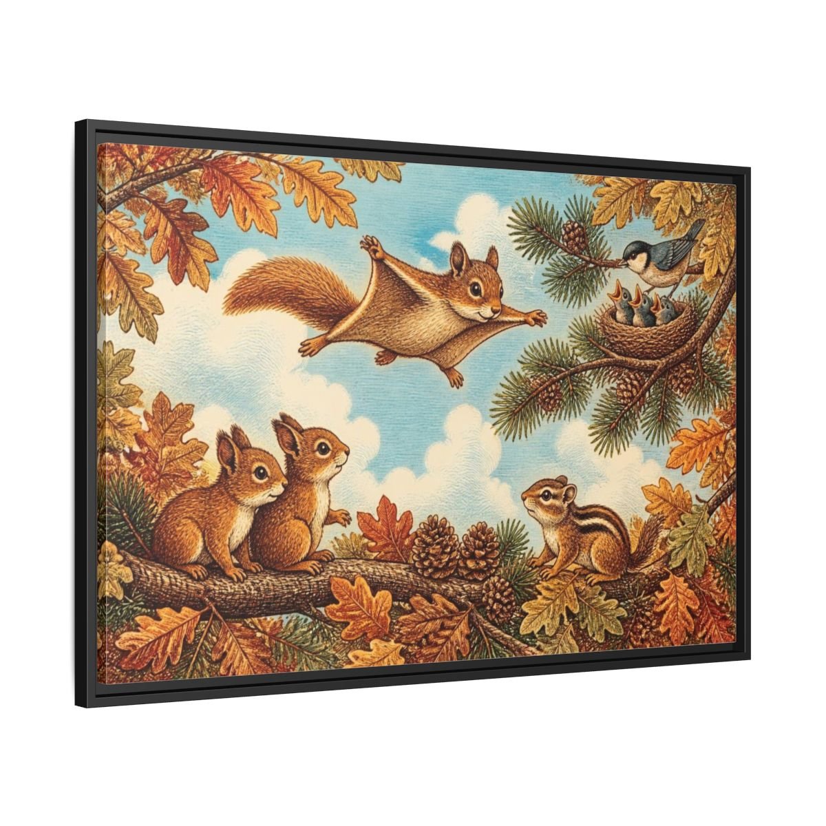 Gliding Squirrel Kids Room Framed Canvas Print – Feature Wall, Russet, Pine & Pale Blue - YesArtYes