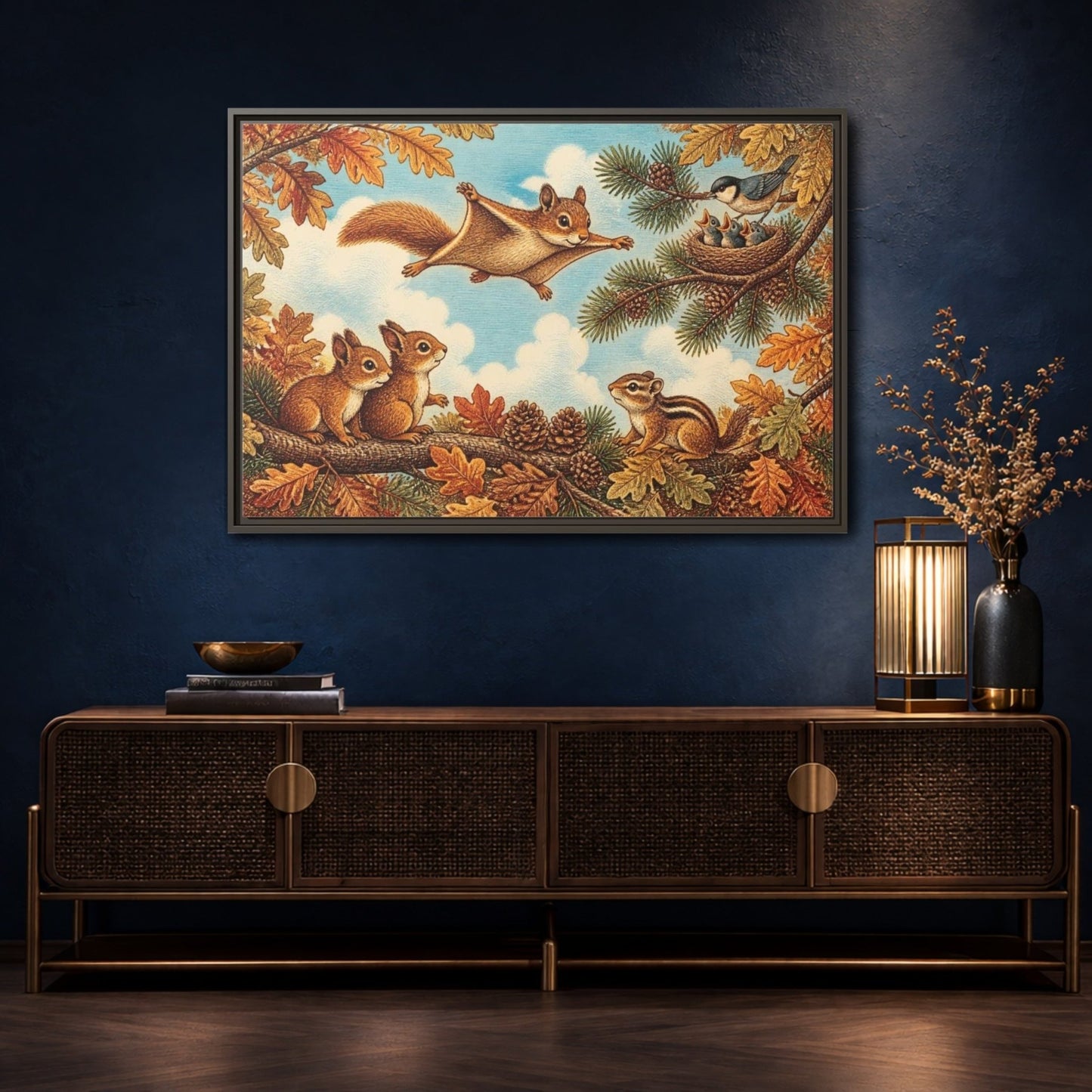 Gliding Squirrel Kids Room Framed Canvas Print – Feature Wall, Russet, Pine & Pale Blue - YesArtYes