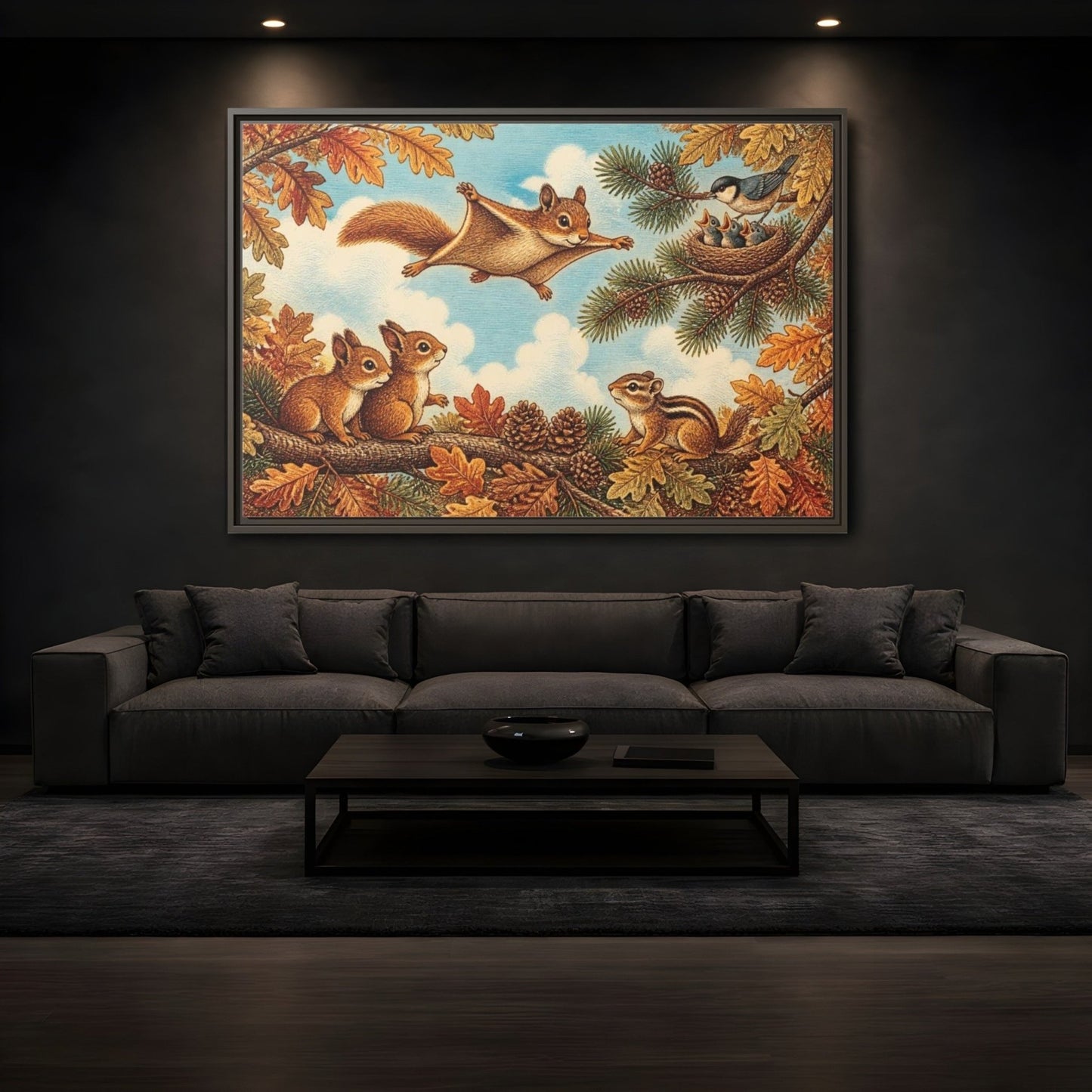 Gliding Squirrel Kids Room Framed Canvas Print – Feature Wall, Russet, Pine & Pale Blue - YesArtYes