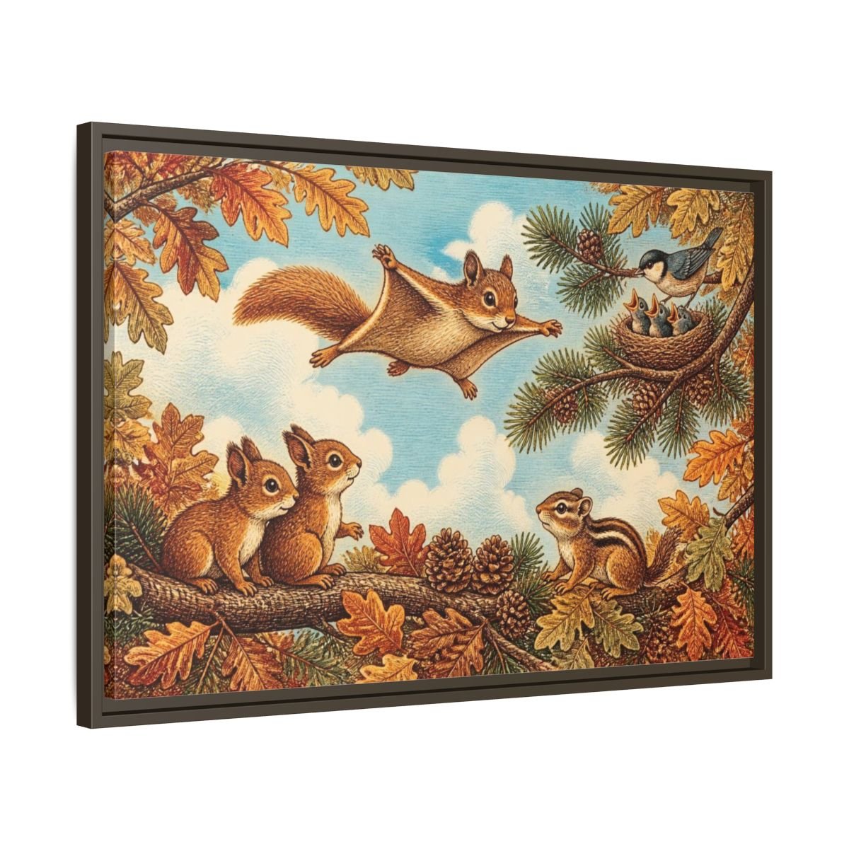 Gliding Squirrel Kids Room Framed Canvas Print – Feature Wall, Russet, Pine & Pale Blue - YesArtYes