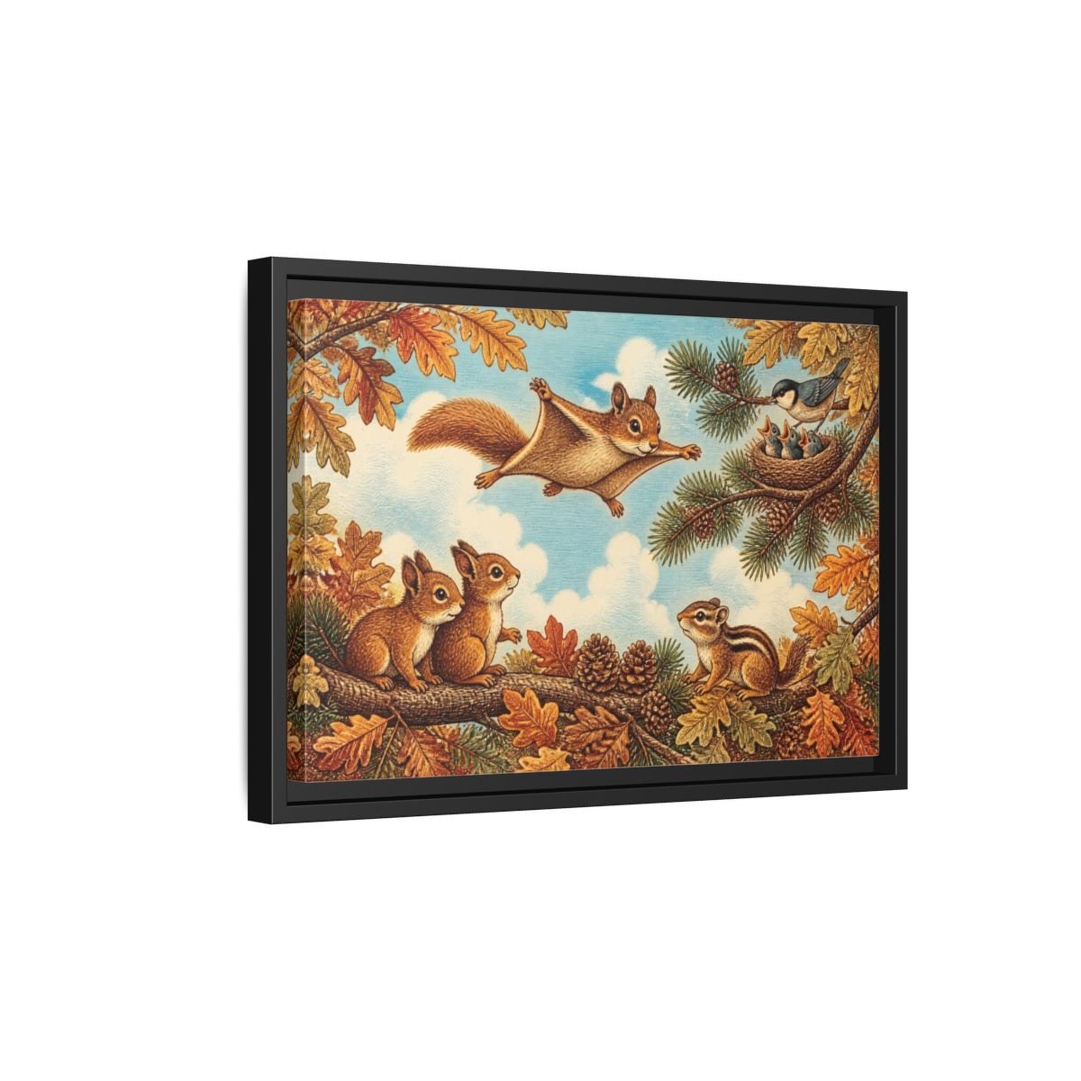 Gliding Squirrel Kids Room Framed Canvas Print – Feature Wall, Russet, Pine & Pale Blue - YesArtYes