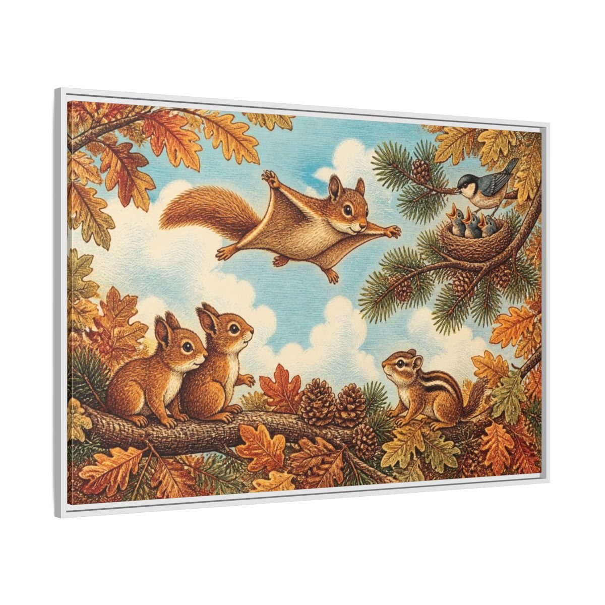 Gliding Squirrel Kids Room Framed Canvas Print – Feature Wall, Russet, Pine & Pale Blue - YesArtYes