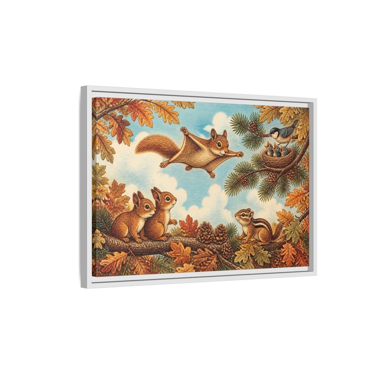 Gliding Squirrel Kids Room Framed Canvas Print – Feature Wall, Russet, Pine & Pale Blue - YesArtYes