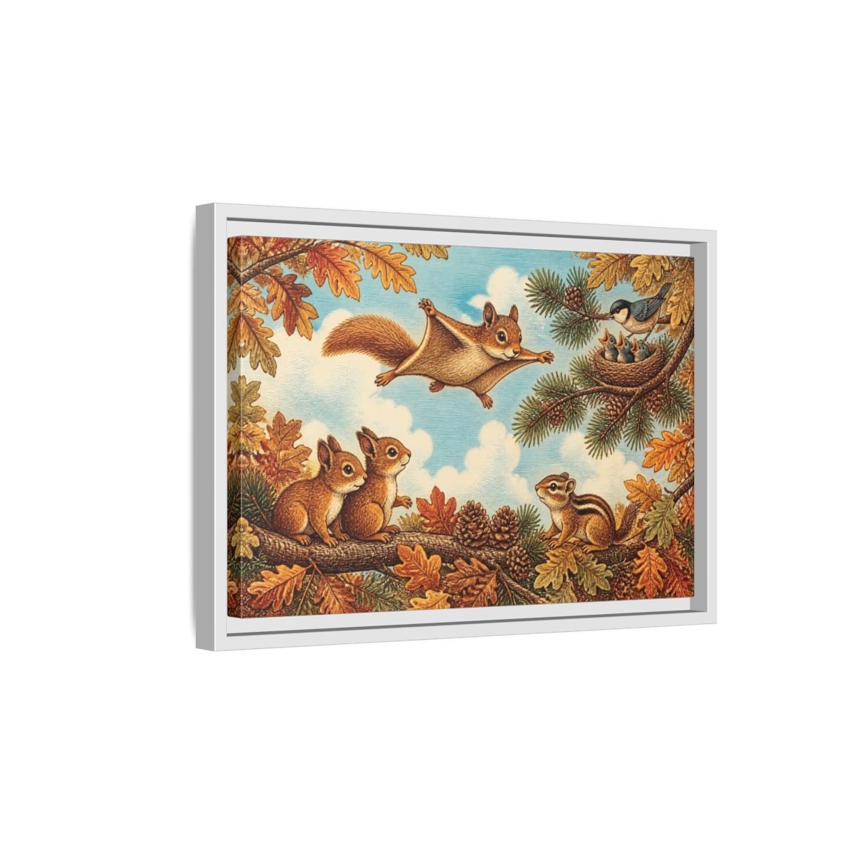 Gliding Squirrel Kids Room Framed Canvas Print – Feature Wall, Russet, Pine & Pale Blue - YesArtYes